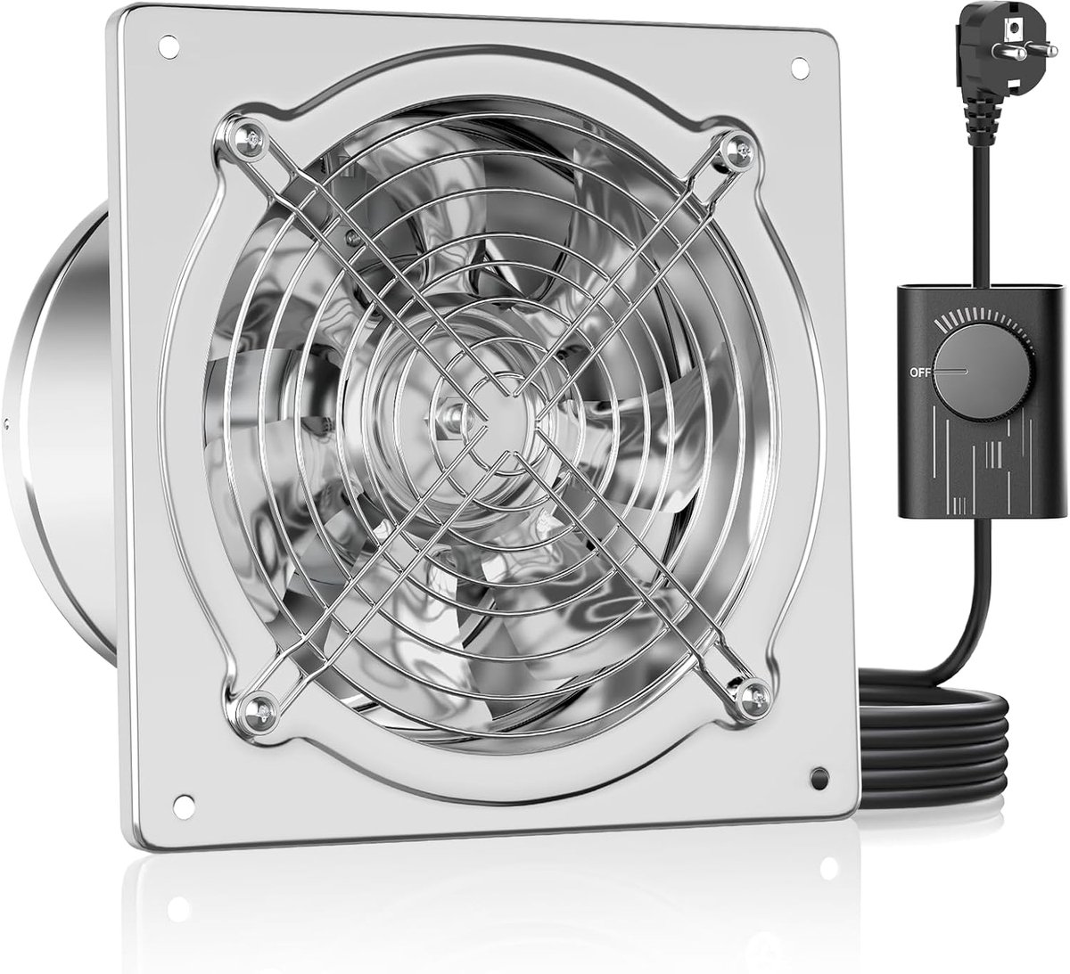 Power Afvoerventilator, 150 mm, metalen wandventilator met terugloopklep, krachtig 525 m³/u, met EU-stekker voor keuken, badkamer, garage, kelder, zilver