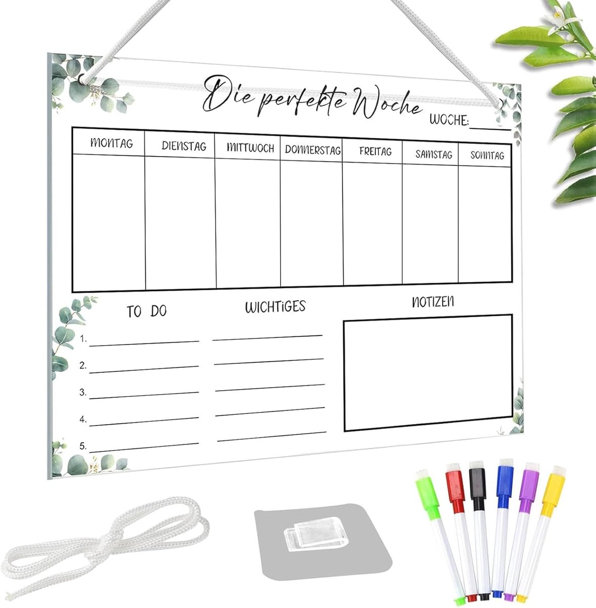 Weekly planner 30 x 20 cm - wasbaar acryl - memo bord met 6 uitwisbare stiften - handig voor organisatie - ShopVlot