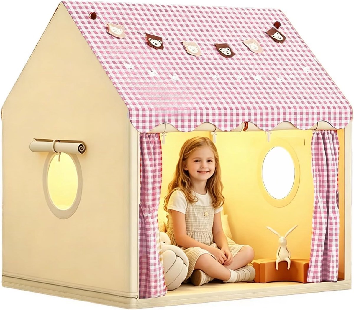 Kindertent voor binnen, prinsessentent met ramen en kleine beer, kleurrijke vlaggen, 120 x 105 x 128 cm, binnentent voor peuters, speeltent voor binnen, kinderspeelhuis voor jongens en meisjes