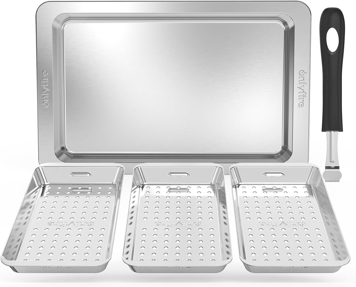 SnelShoppen - Grillmand Set - 3 Roestvrijstalen BBQ Grillmanden, 1 Tray en Handgreep - Perfect voor Groenten, Vlees, Brood - Ideaal voor Tuin, Camping