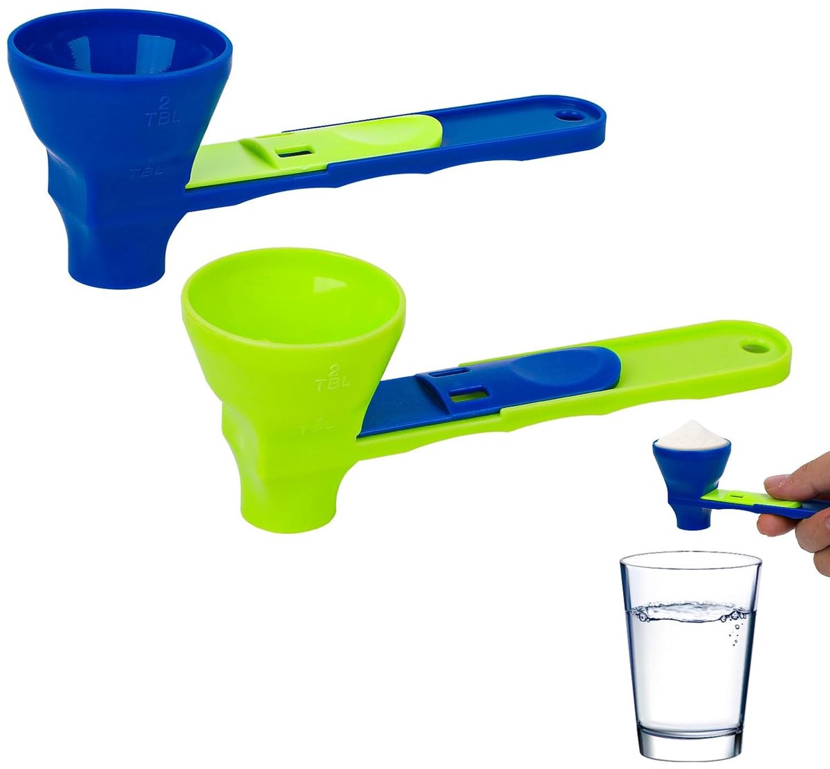SnelShoppen - 2 Stuks Eiwitpoeder Schep Lepels - Eiwitpoeder Funnel Lepel - Maatlepel voor Eiwitsupplementen - Blauw en Groen - Ideaal voor Keuken en