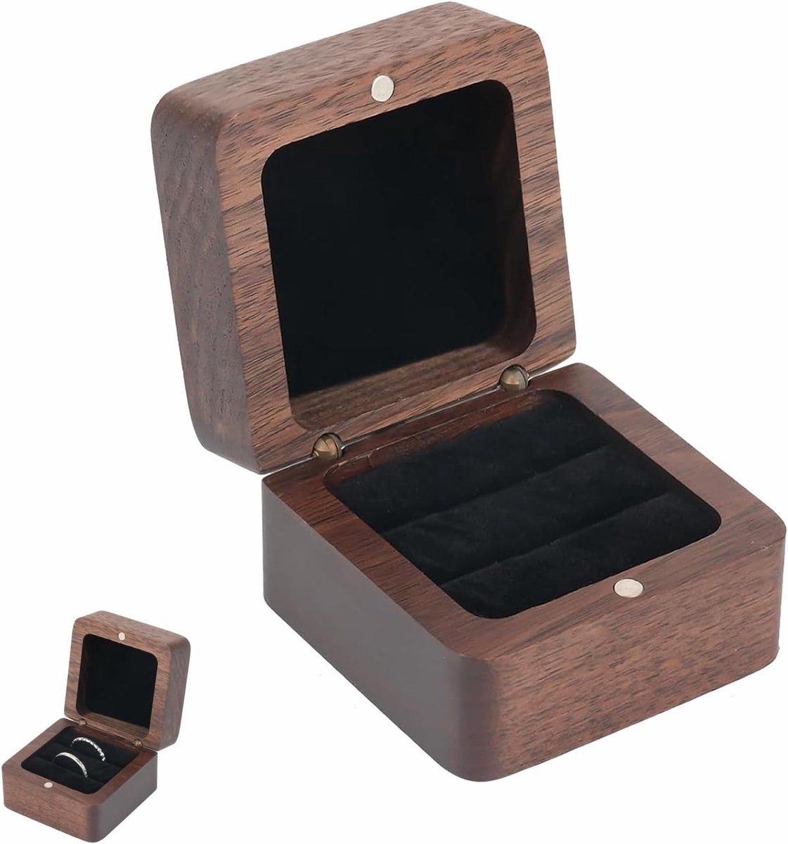 SnelShoppen - Ringendoos Hout Flip Vierkante Walnoot Ring Doos Handgemaakt Lichtgewicht Houten Verlovingsringendoos Bruiloft Verloving Huwelijk Aanzoe
