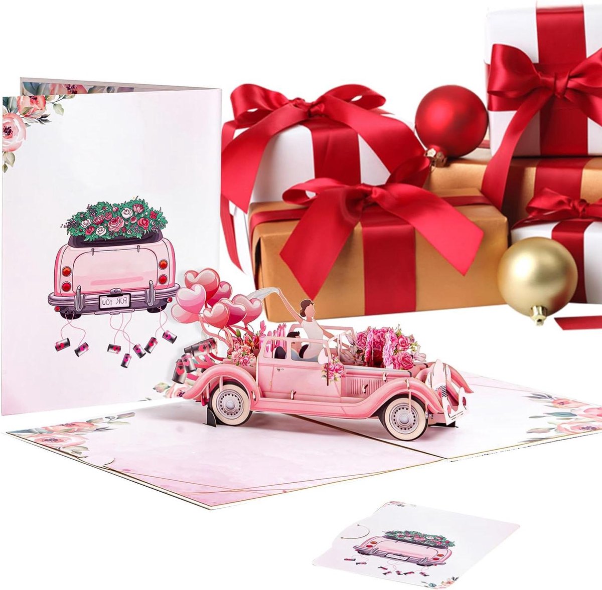 Trouwkaart 3D Auto - Jubileumkaart Liefde - Romantische Zegeningen Uiten - Vintage Auto Motief - 15 x 20 cm - Roze