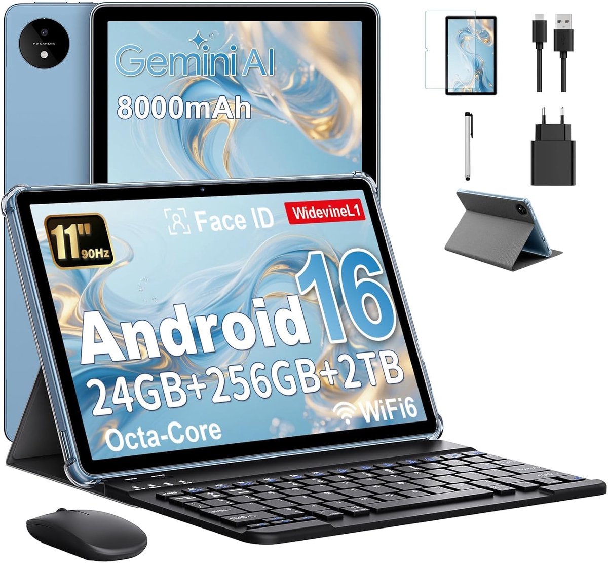SnelShoppen - 11 Inch Tablet met Gemini AI, Android 16, 24GB RAM, 128GB ROM, 2TB TF, 1920x1200 HD Scherm, 90Hz, 8MP + 13MP Dual Camera, 8000mAh - Blau