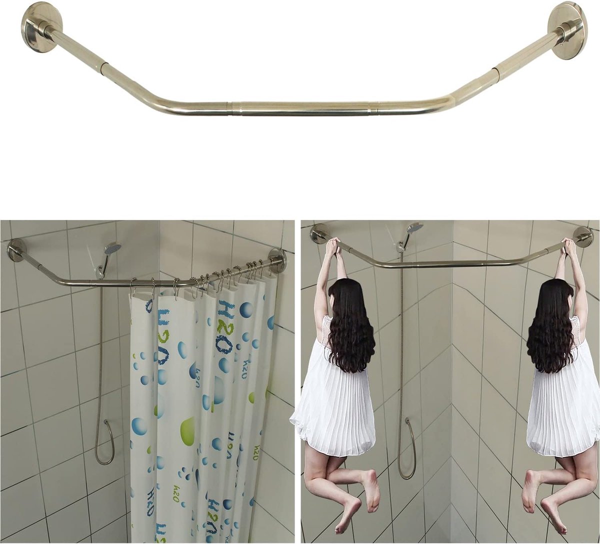 SnelShoppen - Rekbare L-vormige douchegordijnrail 304 roestvrij staal, verstelbaar van 43-65 cm, ideaal voor badkamer, badhoek en douche, diamantkleur