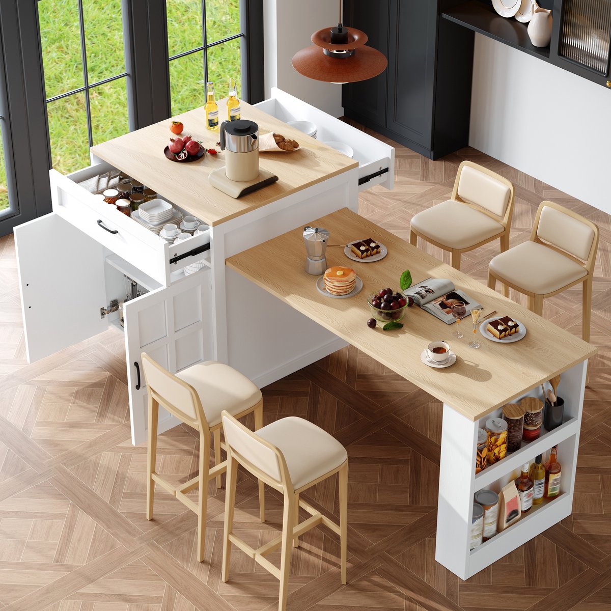 Uitschuifbare Bartafel - Keukeneiland Met Opbergruimte En 2 Laden Voor 2-6 Personen Wit