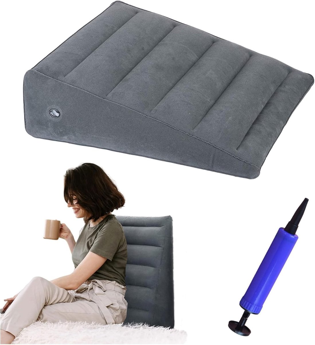 Opblaasbaar Driehoek Kussen voor Comfortabele Slaap, Reflux en Snurken, Ideaal voor Reizen en Pijnverlichting (Donkergrijs)