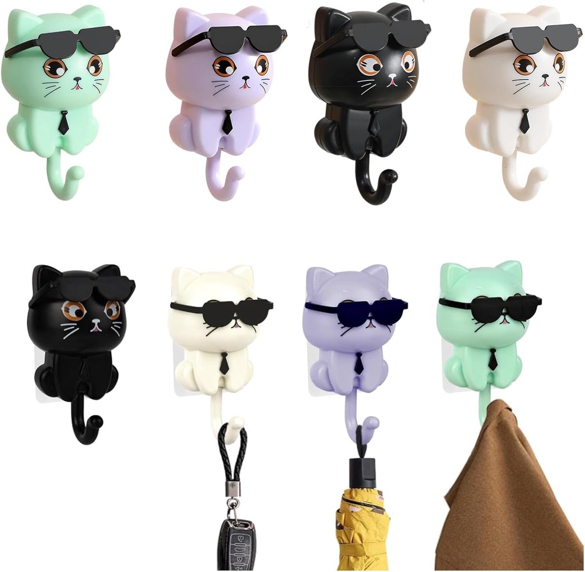 SnelShoppen - 4 Stuks Zonnebril Kat Sleutelhaken, Zelfklevende Kledinghaken met Sleutelhouder, Geen Boren, Creatieve Schattige Zelfklevende Wandhaken
