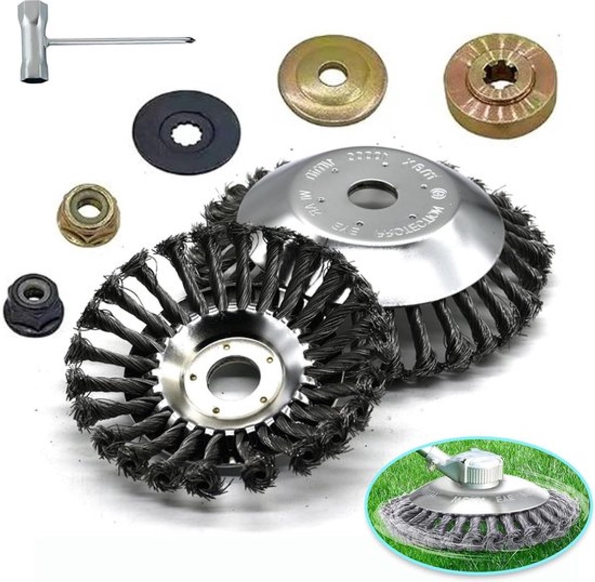 Universele adapterkits - 6 inch stalen draad roterende borstelkop en trimmermes, lichtgewicht ontwerp, mos, gras en roestverwijdering