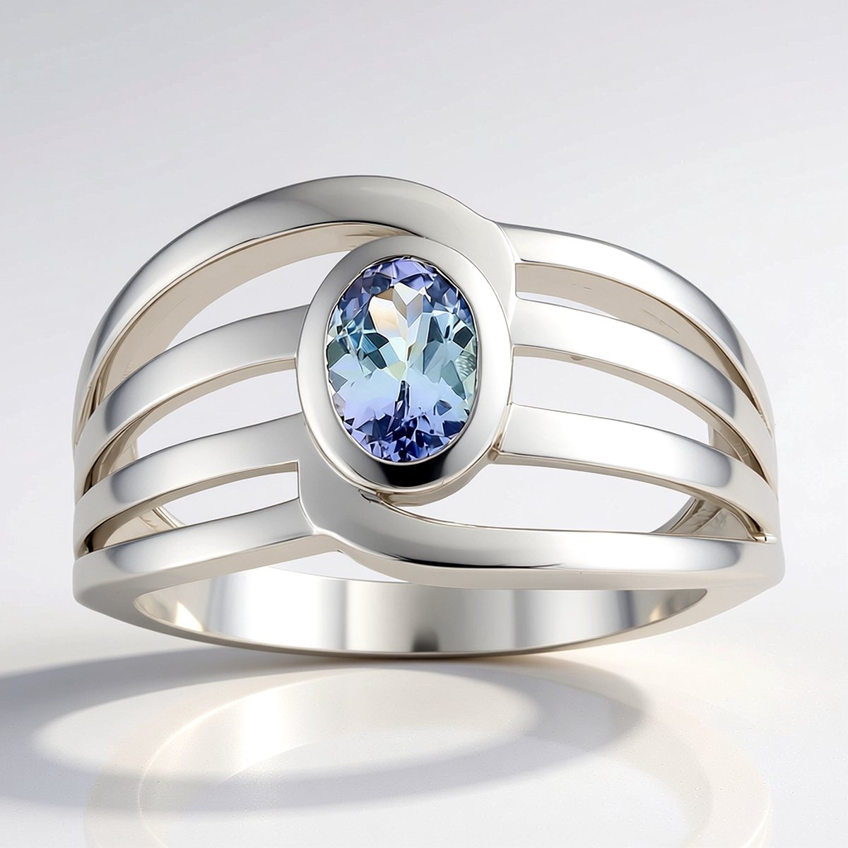 Cavill - Zilveren Ring met Onverhitte Lila Tanzaniet 0,49 ct - 925 Sterling Zilver met Rhodium - Ovalen Slijpvorm - Modern Design met Drievoudige Band