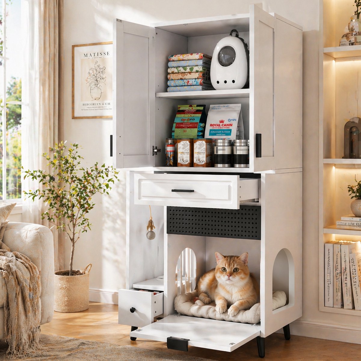 Kattenkast Met Opbergruimte - Kattenmeubel Met Kattenhuisje, Lade En Verstelbare Planken, Wit
