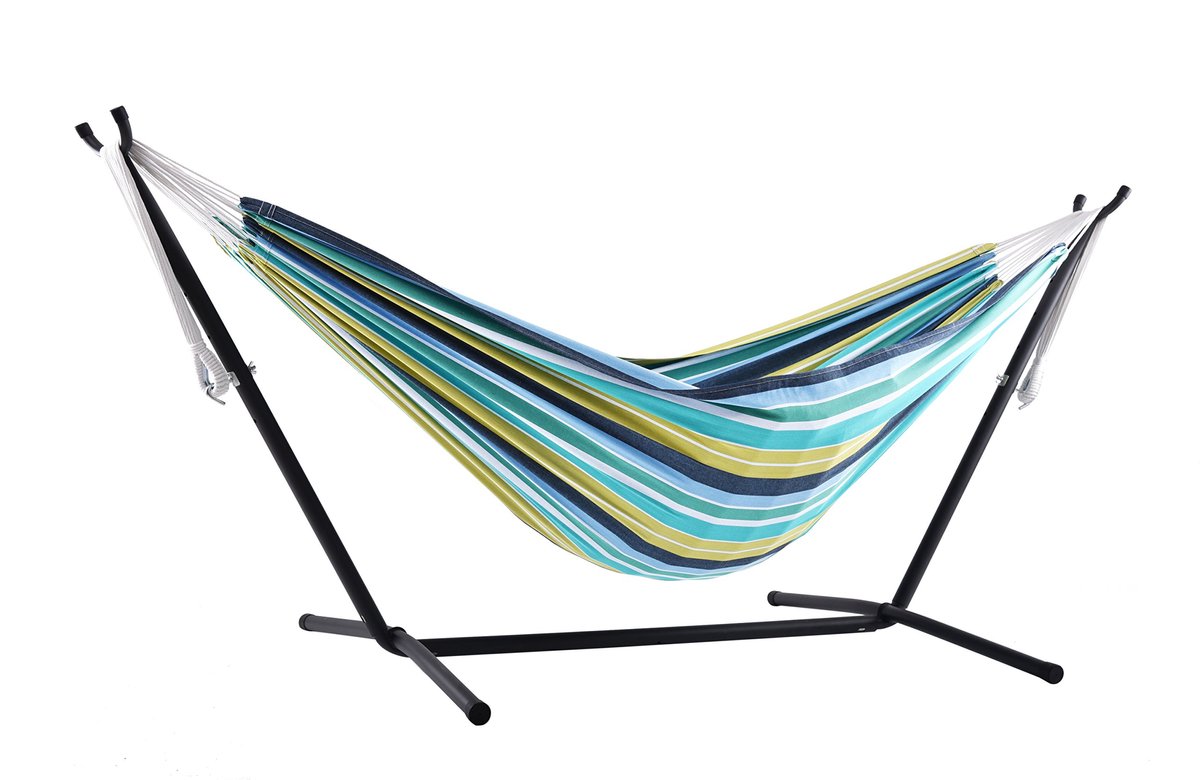 SnelShoppen - Katoenen hangmat met standaard 250 cm - Cayo Reef - Perfect voor tuin, camping, relaxen, kleurrijk, comfortabel, outdoor, recreatie