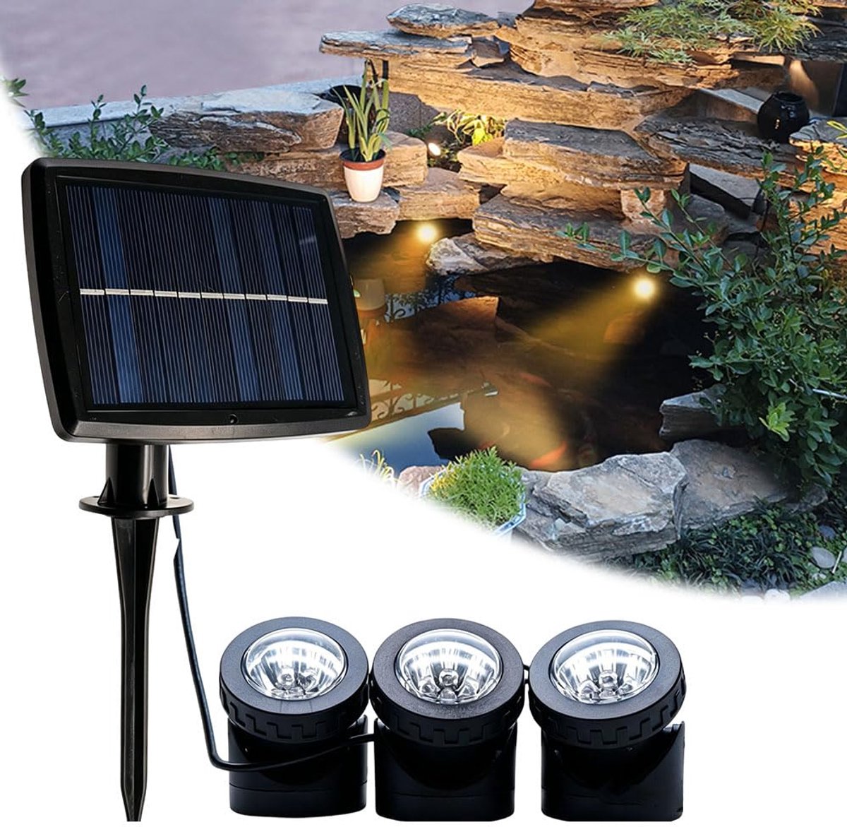 SnelShoppen - 3-in-1 Vijververlichting LED Onderwater, Waterdichte Zonne-Vijververlichting IP68, Warmwitte LED-Spot voor Tuin, Zwembad, Vijver en Binn