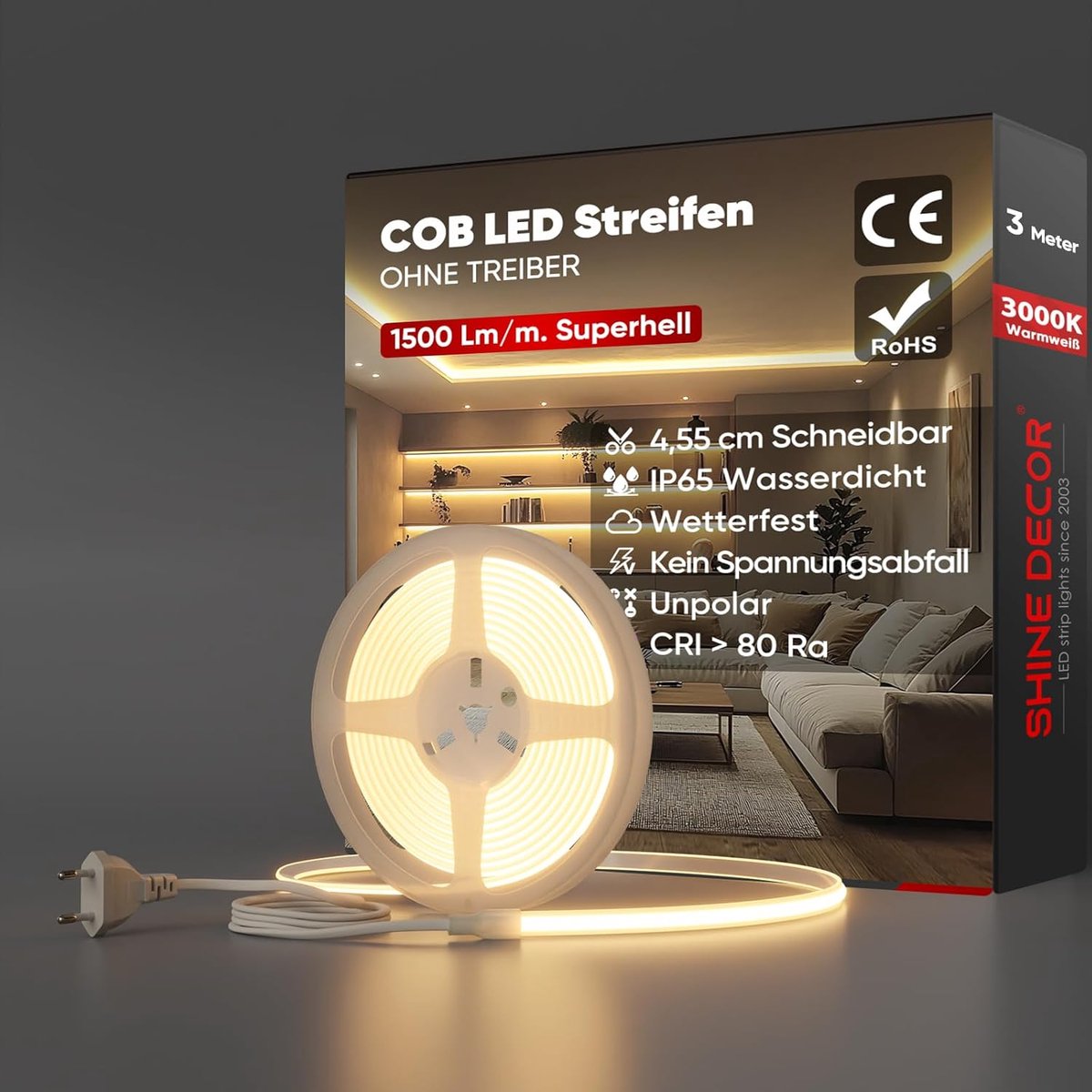 SnelShoppen - LED Strip 3 m Warm Wit, Hoge Helderheid SMD2025, IP65 Waterdicht, 286 LEDs/m, Perfect voor Hu decoration, Keuken, Tuin en Feesten