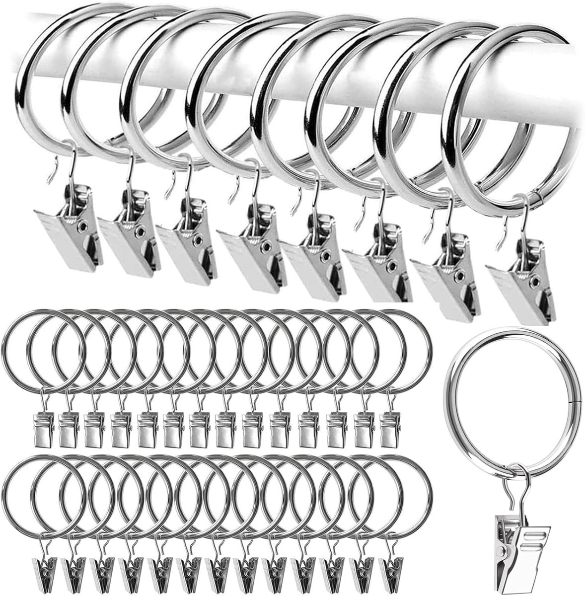 SnelShoppen - Gordijnringen Set 50 Stuks met Clips - Metalen Gordijnhaken voor Ringen - Klemmen voor Gordijnen - Binnen Diameter 32 mm - Zilver voor D
