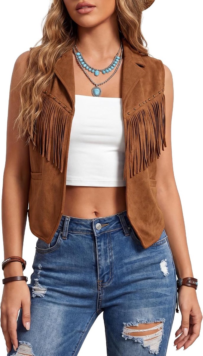 Damesvest met franjes, retro suède vest, jaren '70, hippie-look, kunstsuède, mouwloos, vintage, korte franjes, cowgirl-klinknagels, vest