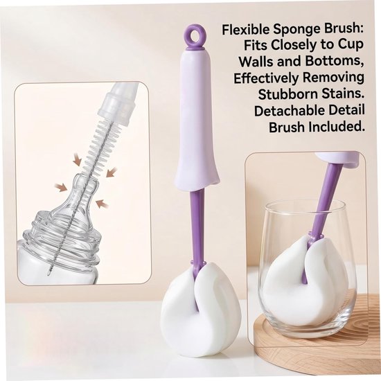 Flesborstel Set - Fles Reiniger - Flessen Schoonmaken - Hygiënisch Knijpontwerp - 31 cm Lengte - Paars — afbeelding 4