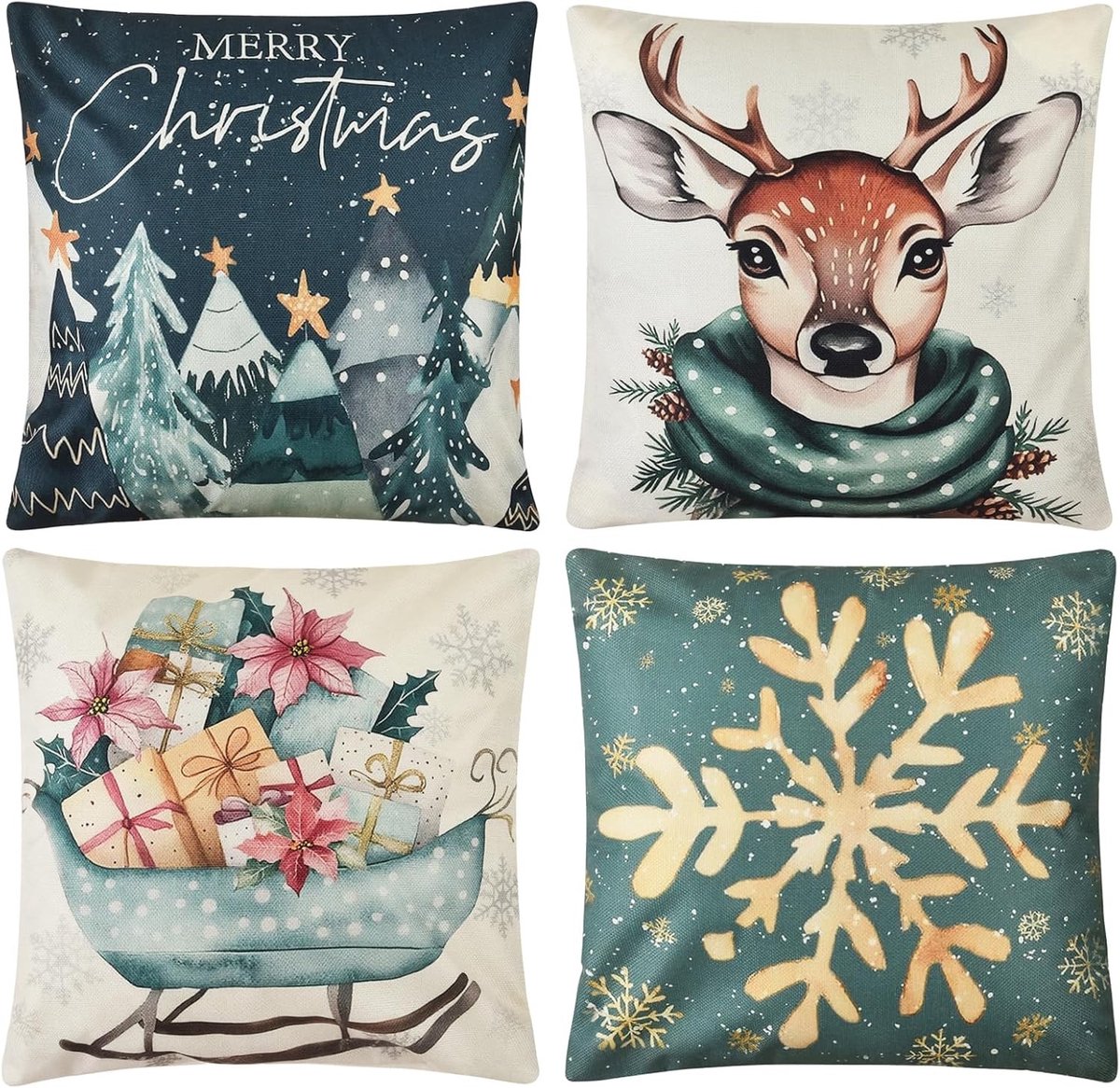 Set van 4 Kerst Kussenhoezen met Rendier en Slede, 45 x 45 cm, Perfect voor Kerstdecoratie en Sfeervolle Woonkamer