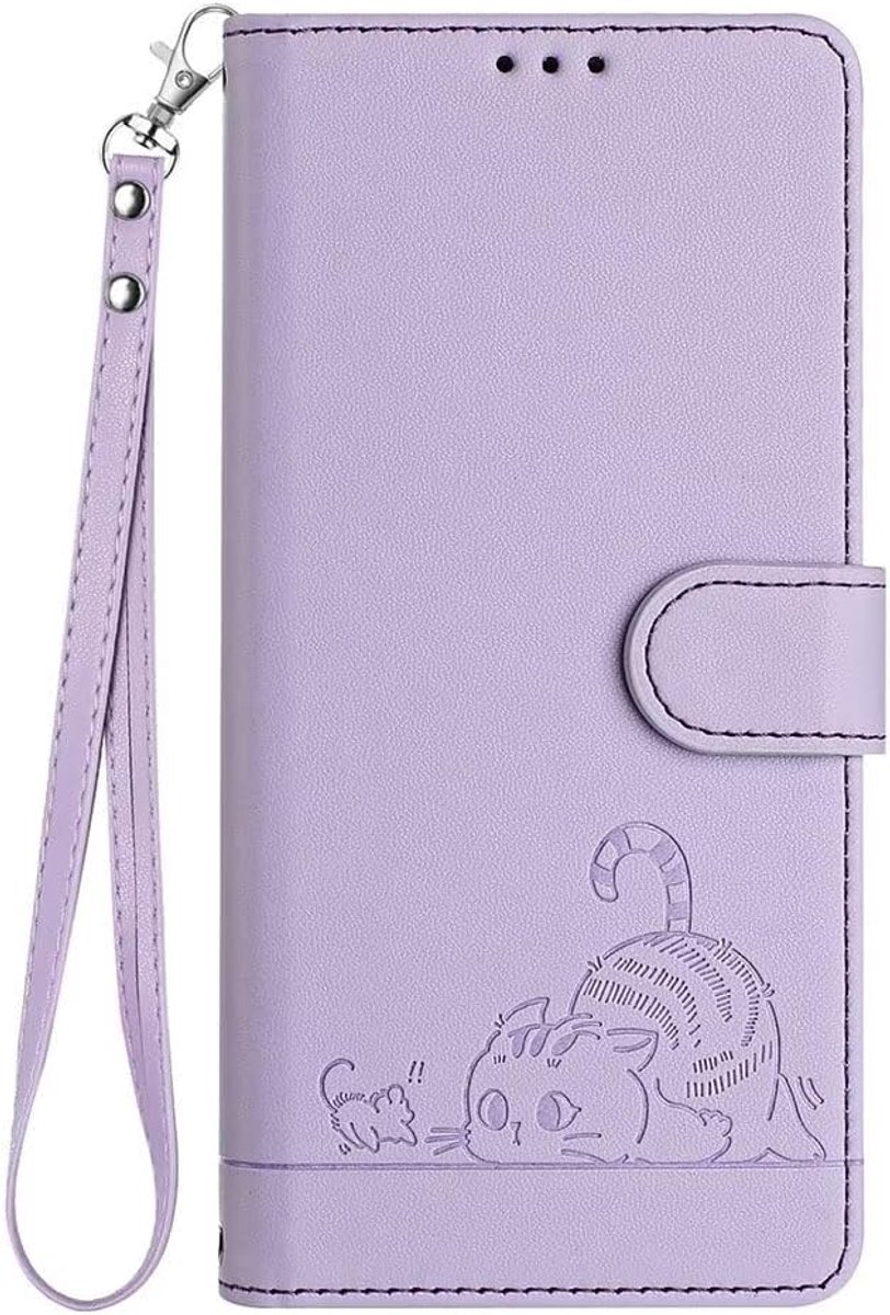 Hoesje voor ZTE Blade A76 4G, schattig kattenpatroon premium PU-lederen portemonnee schokbestendige flip cover met kickstand/creditcardsleuven/RFID-blokkering/magnetische sluiting, paars