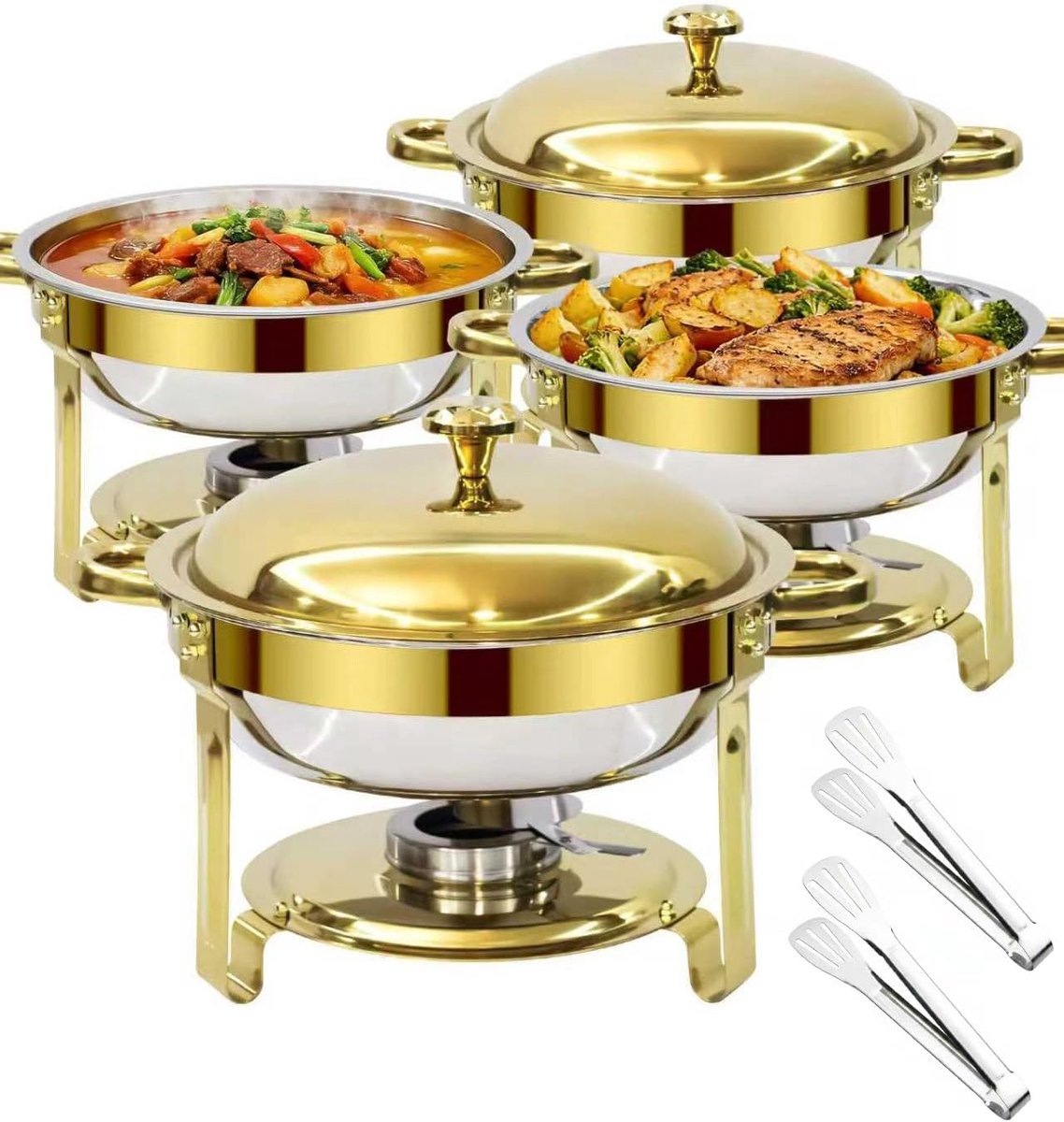 Voedselwarmer buffetserver, 6 l ronde roestvrijstalen chafing dish-set met spiegelachtige gepolijste afwerking - 4 stuks, inclusief voedselpannen en brandstofhouders, voor buffet, verjaardag, feesten