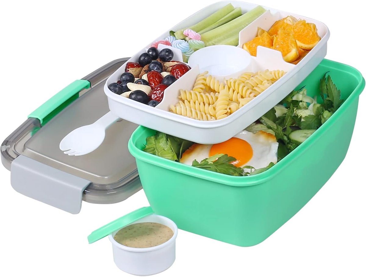 to Go Salad Lunchcontainer met 75 oz saladeschaal, grote bento-lunchbox met deksel, 5-vaks bakjes en dressingcontainer, stapelbaar, lekvrij, BPA-vrij, magnetron- en vaatwasmachinebestendig