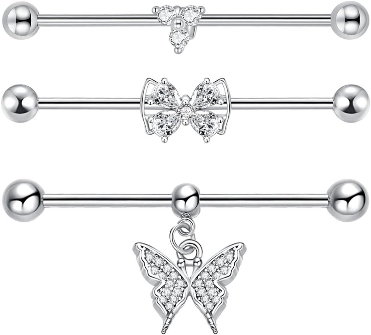 3 stuks industriële piercing bars 38 mm zilver zwart goud chirurgisch staal 14G Scaffold oor piercing barbell vlinder hart