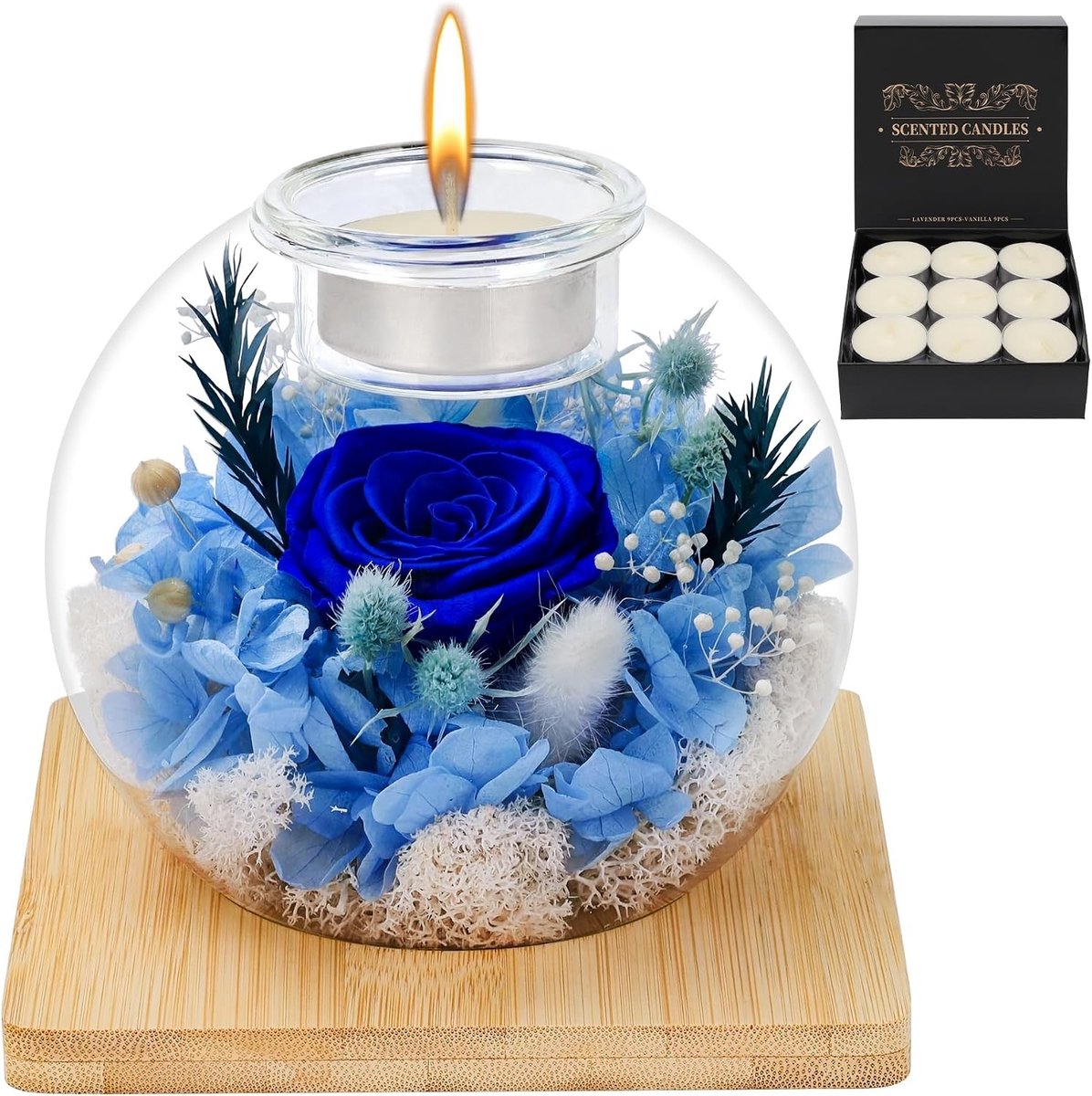 Eternal Glass Roos Geschenkdoos met Bewaarde Roos en Geurkaarsen voor Verjaardag, Moederdag en Valentijnsdag voor Moeder, Vriendin of Echtgenote (Blauw)