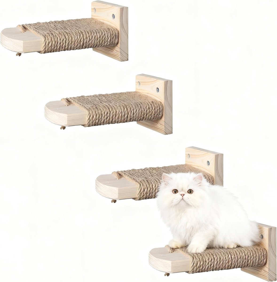 4-in-1 klimwand voor katten, kattentrap, wandligstoel met jute touw om te krabben, kattentrap, platform van massief rubberhout, voor katten klimmen spelen, maximaal draagvermogen 35 kg