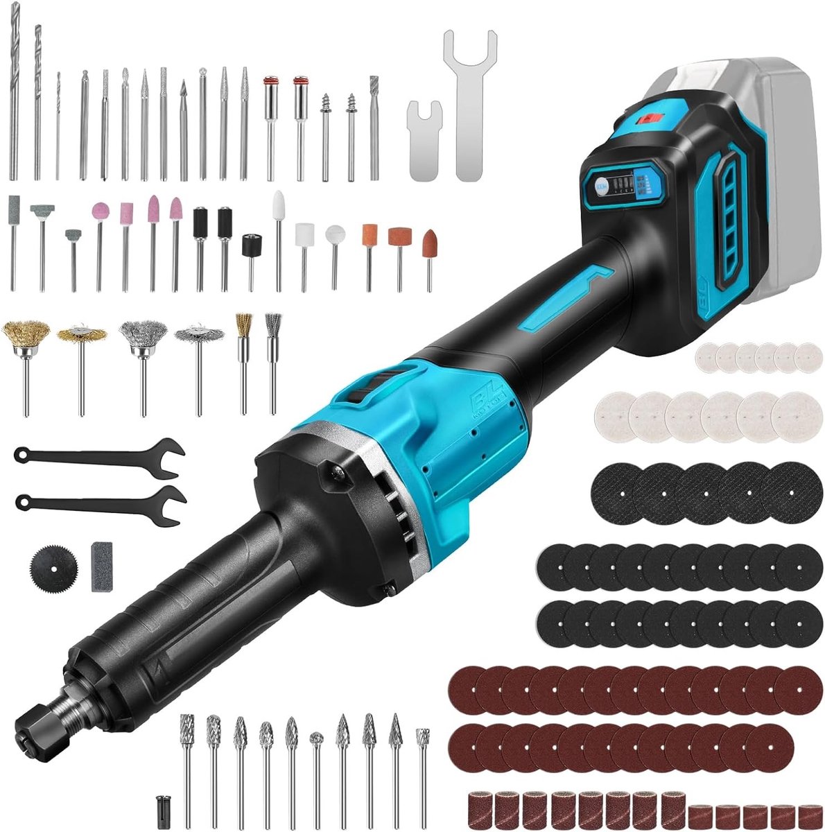 Professionele Rechte Slijper met 128 Accessoires en 6 Variabele Snelheden voor 3 mm en 6 mm Boorkoppen, Multifunctionele Draadloze Gereedschap voor Diverse Klussen