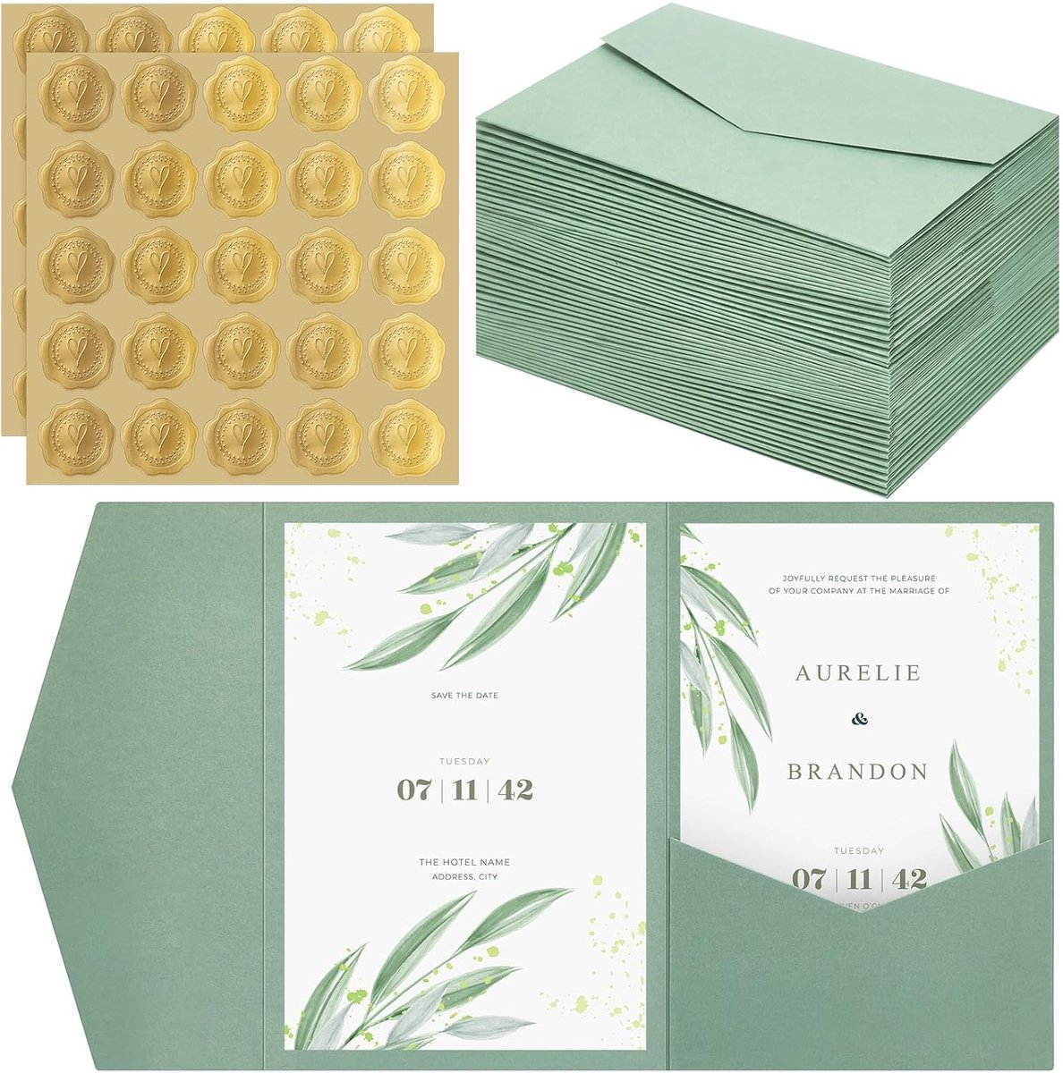 Papieren Pocketfold Enveloppen en Zelfklevende Lakzegels Voor DIN A6 Enveloppen Uitnodigingskaarten Trouwuitnodigingen Verjaardagsuitnodigingen(Lichtgroen,50 Stuks)