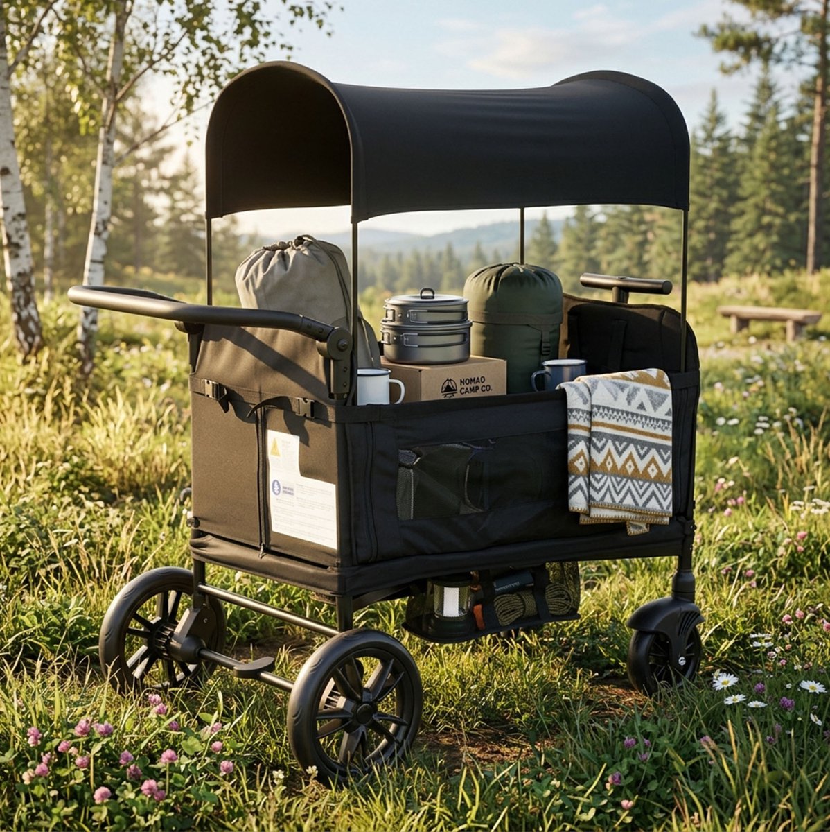 Bollerwagen Dubbele Zitplaats Opvouwbaar 122 x 66 x 122 cm Stalen Frame Zwart Voor 2 Kinderen
