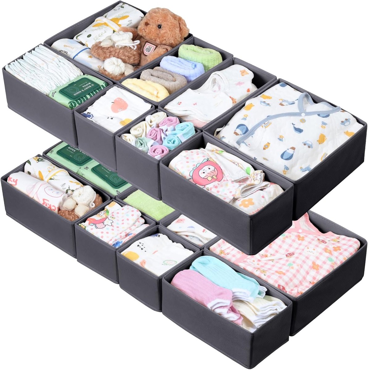 Organizer voor commode, lade-organizer/opbergsysteem voor kleding, opvouwbaar, wasbaar, voor garderobe of commode, 16 stuks, grijs