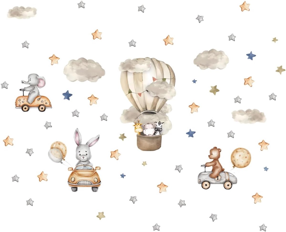 Muurstickers voor kinderen, dieren in heteluchtballon en auto