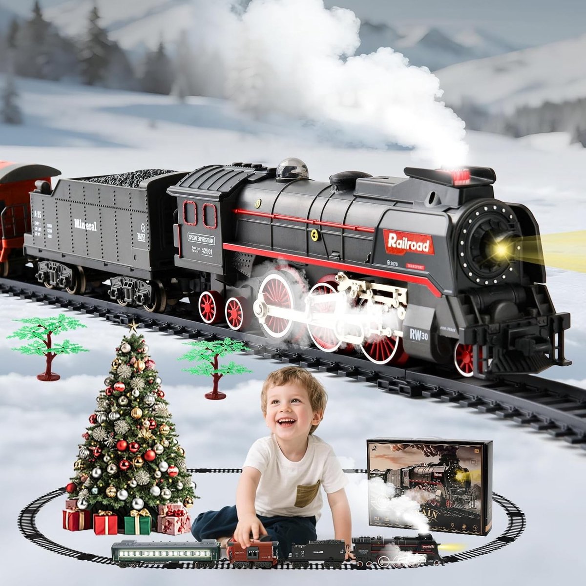 Kersttrein elektrisch - Elektrische kersttrein - Trein rond kerstboom - Kerstdecoratie trein - Speelgoedtrein kerst - Kersttrein met licht en geluid - Kerstversiering - Kerst dorp accessoires