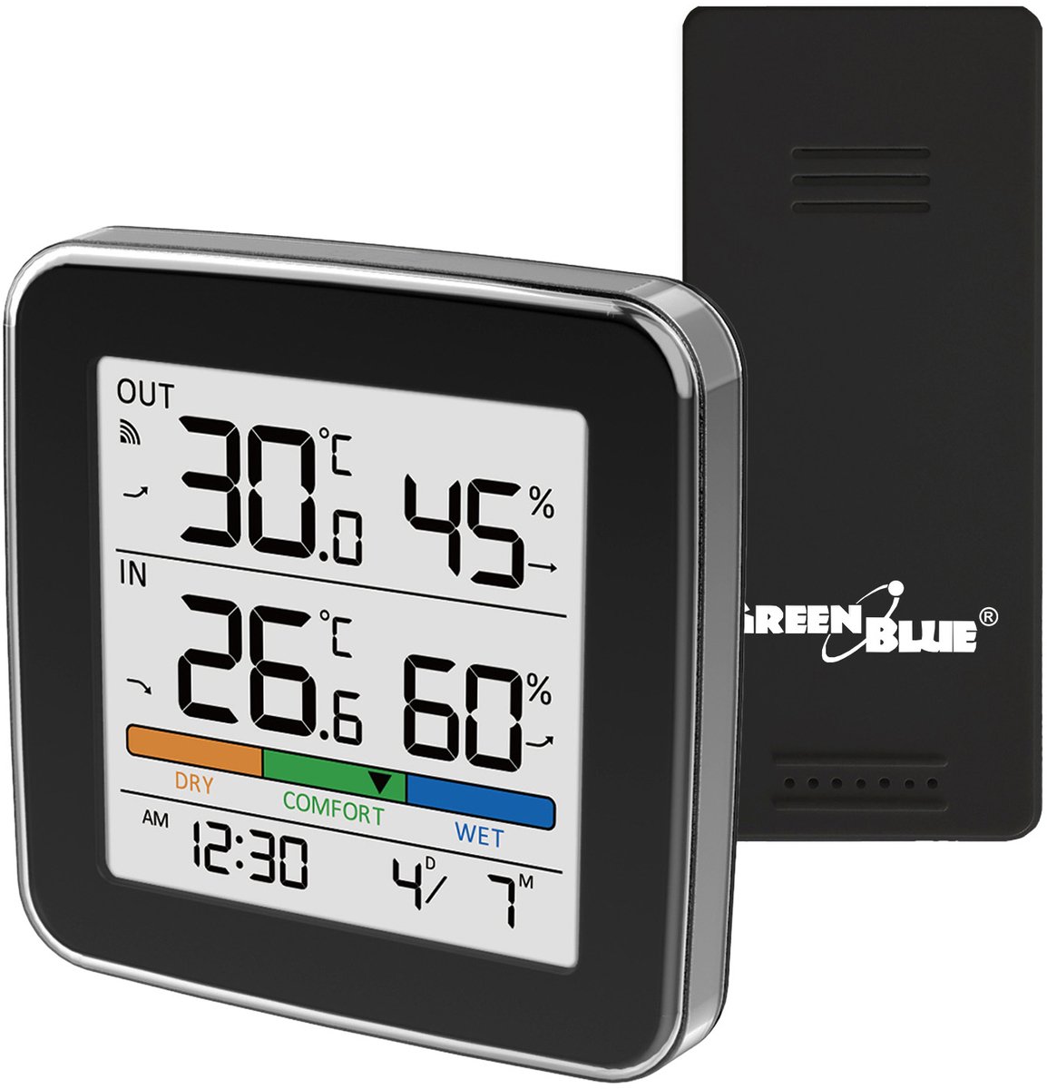 GreenBlue draadloos weerstation, temperatuur + luchtvochtigheid binnen/buiten, klok + wekker + datum, °C / °F, tot 60 m, zwart, GB169 B