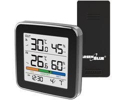 GreenBlue draadloos weerstation, temperatuur + luchtvochtigheid binnen/buiten, klok + wekker + datum, °C / °F, tot 60 m, zwart, GB169 B