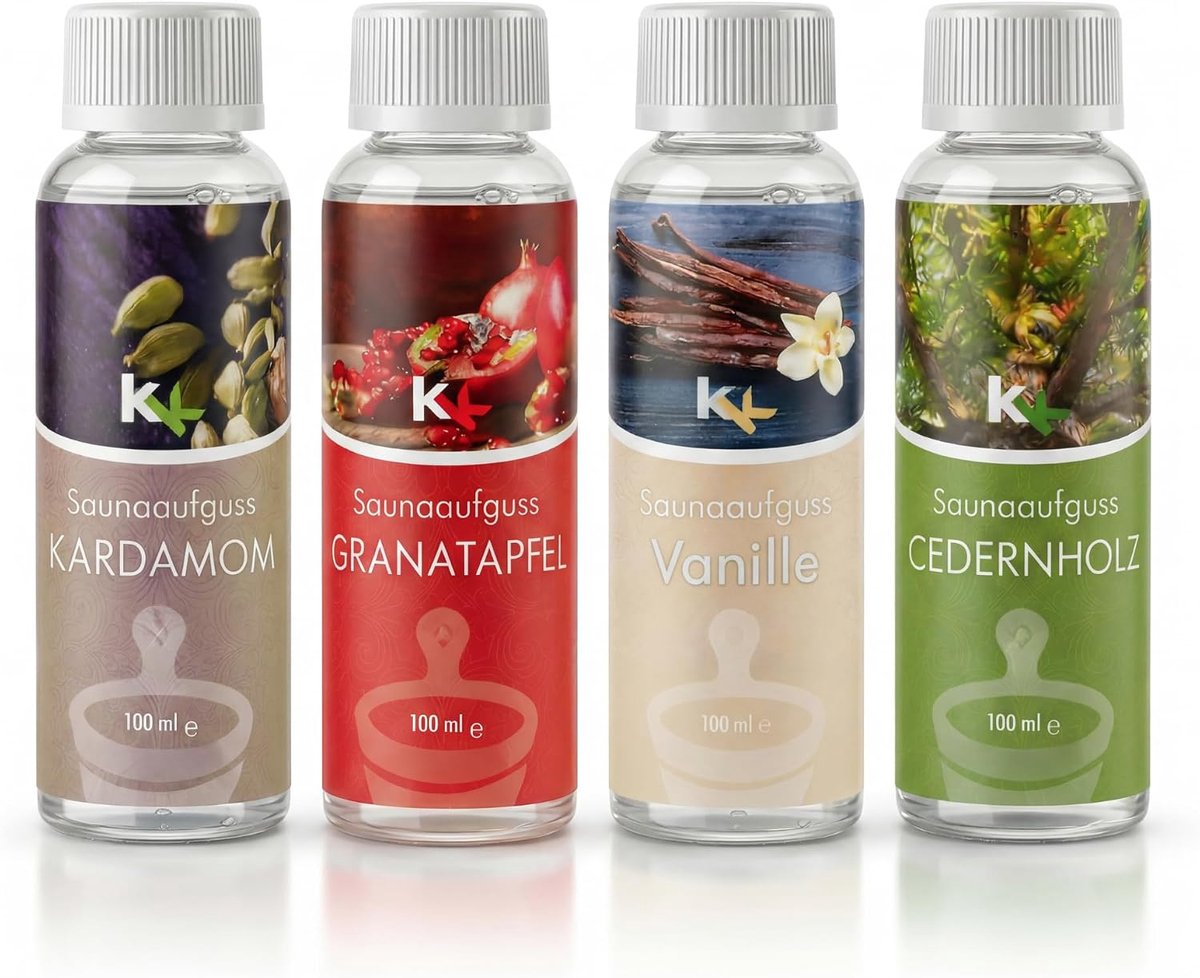 SnelShoppen - Sauna gietset met 4 verschillende geuren: kardemom, granaatappel, vanille en cederhout, 100ml flessen, Made in Germany, voor sauna en we