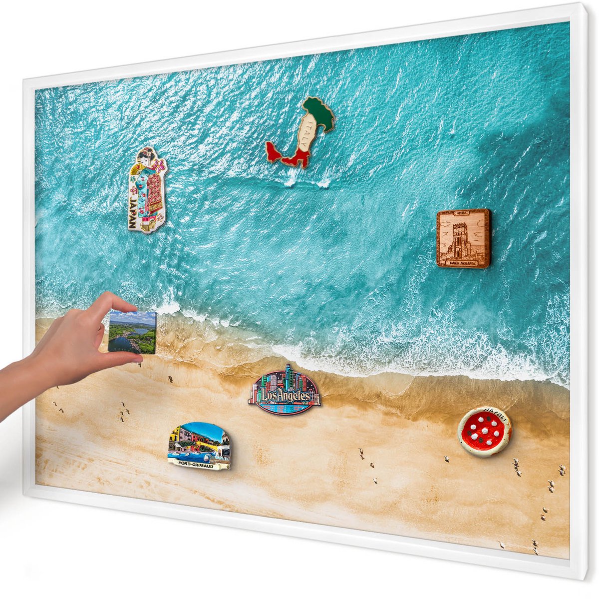 Artprintcave Turkoois Magneetbord mit Witte Lijst - 100x70 cm - Zee En Strand Wandbord Magnetisch - Fotografisch Bord Voor Magneten - Landschappen