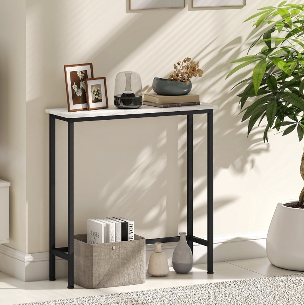 COVREO Sidetable 75 x 24 x 76 cm zwart, spaanplaat metaal, verstelbare voetpads