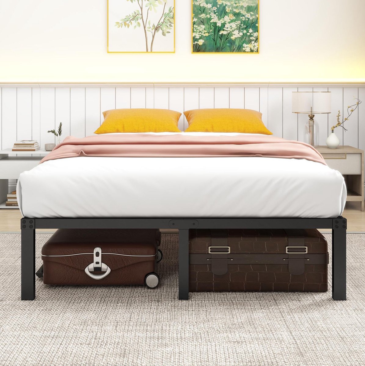 FloraGrace Bed 140x200 cm - Metalen Bedframe met Kopstuk en Lattenbodem - Geruisloos - Met Opbergruimte - Voor Volwassenen - Zwart - Zonder Matras