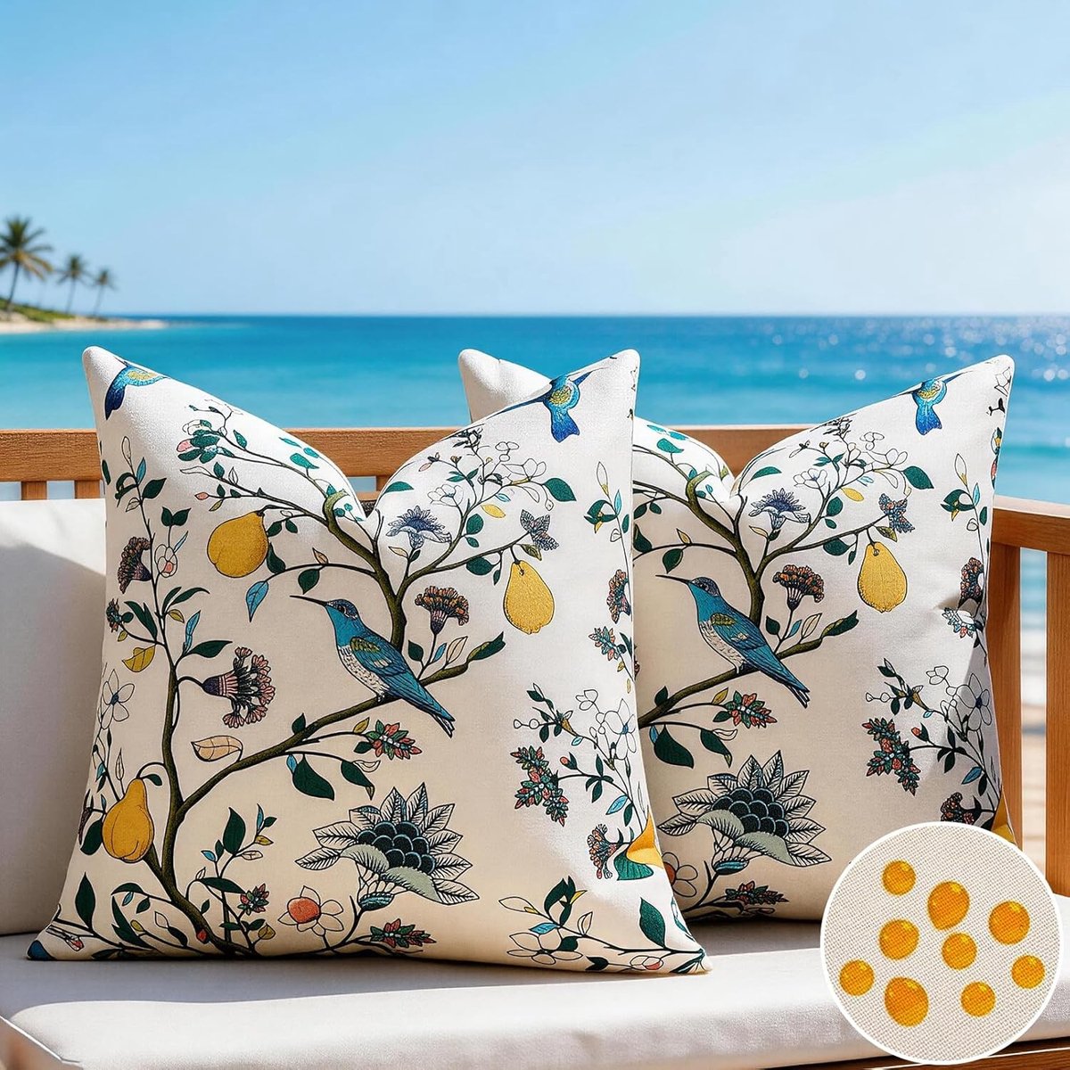 Cushion Covers 40 x 40 cm met Witte Bloemen en Blauwe Vogels voor Buiten en Binnen - Set van 2 Kussens voor Moderne en Landelijke Interieurs