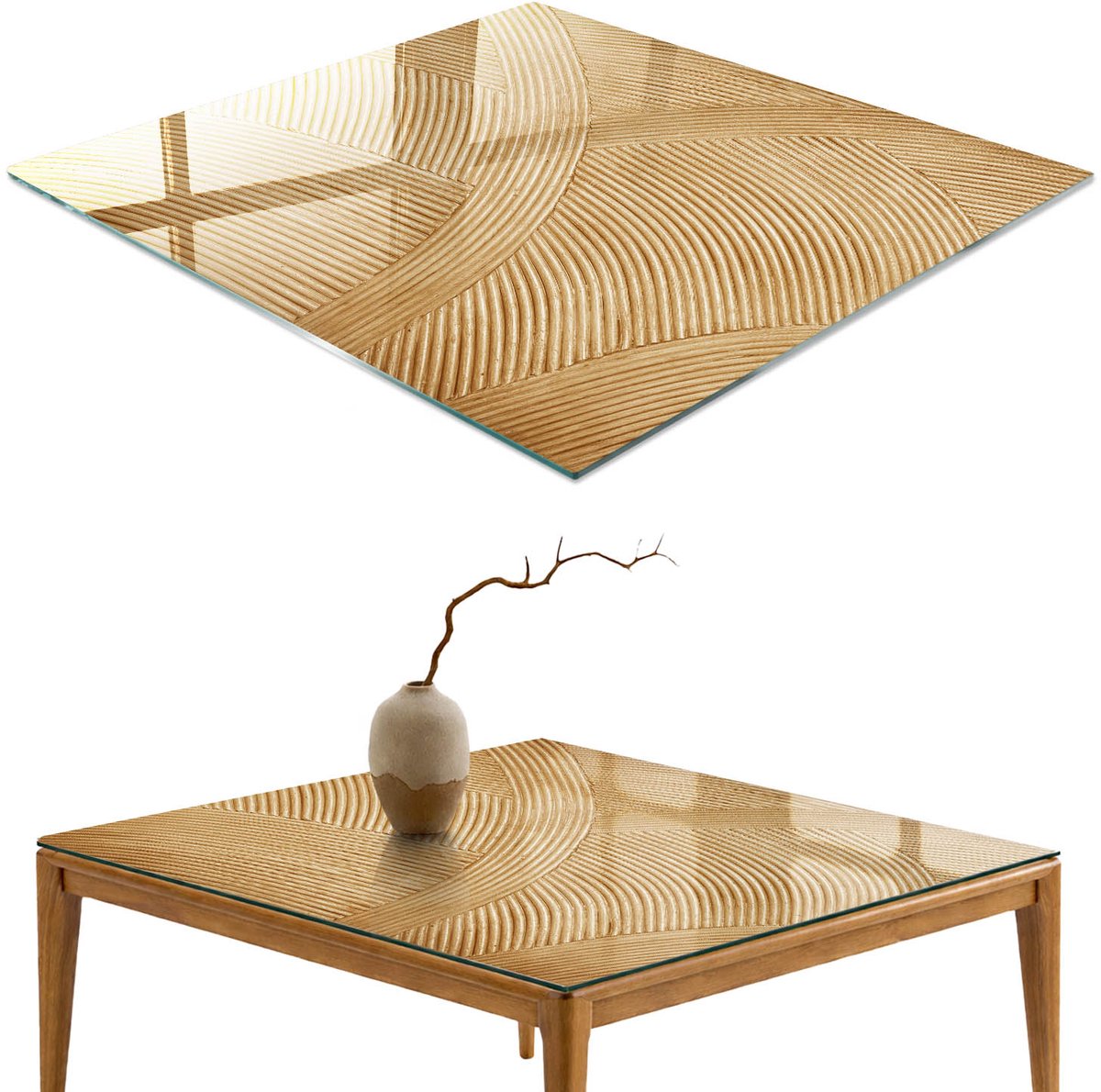 ArtPrintCave Elegante golven Glazen Tafelblad 60x60 cm - Tafelblad Rechthoek - Beige Keukentafel - Achtergronden en patronen Keukentafel