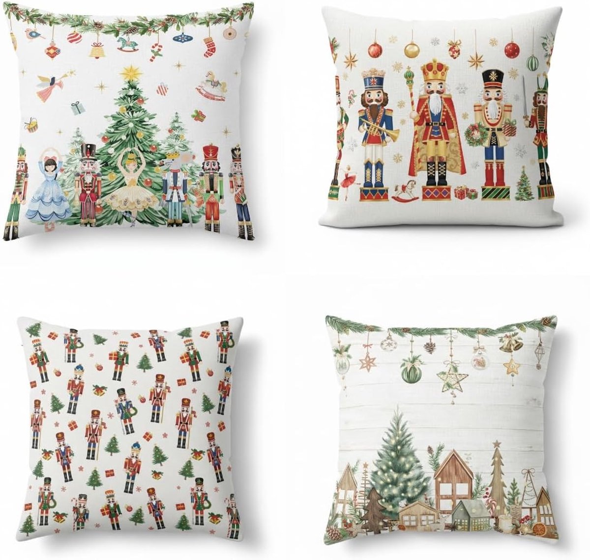 Set van 4 kerst kussenhoezen 45 x 45 cm - rustieke notenkraker, wintercabine en Scandinavisch design voor een sfeervolle kerstdecoratie