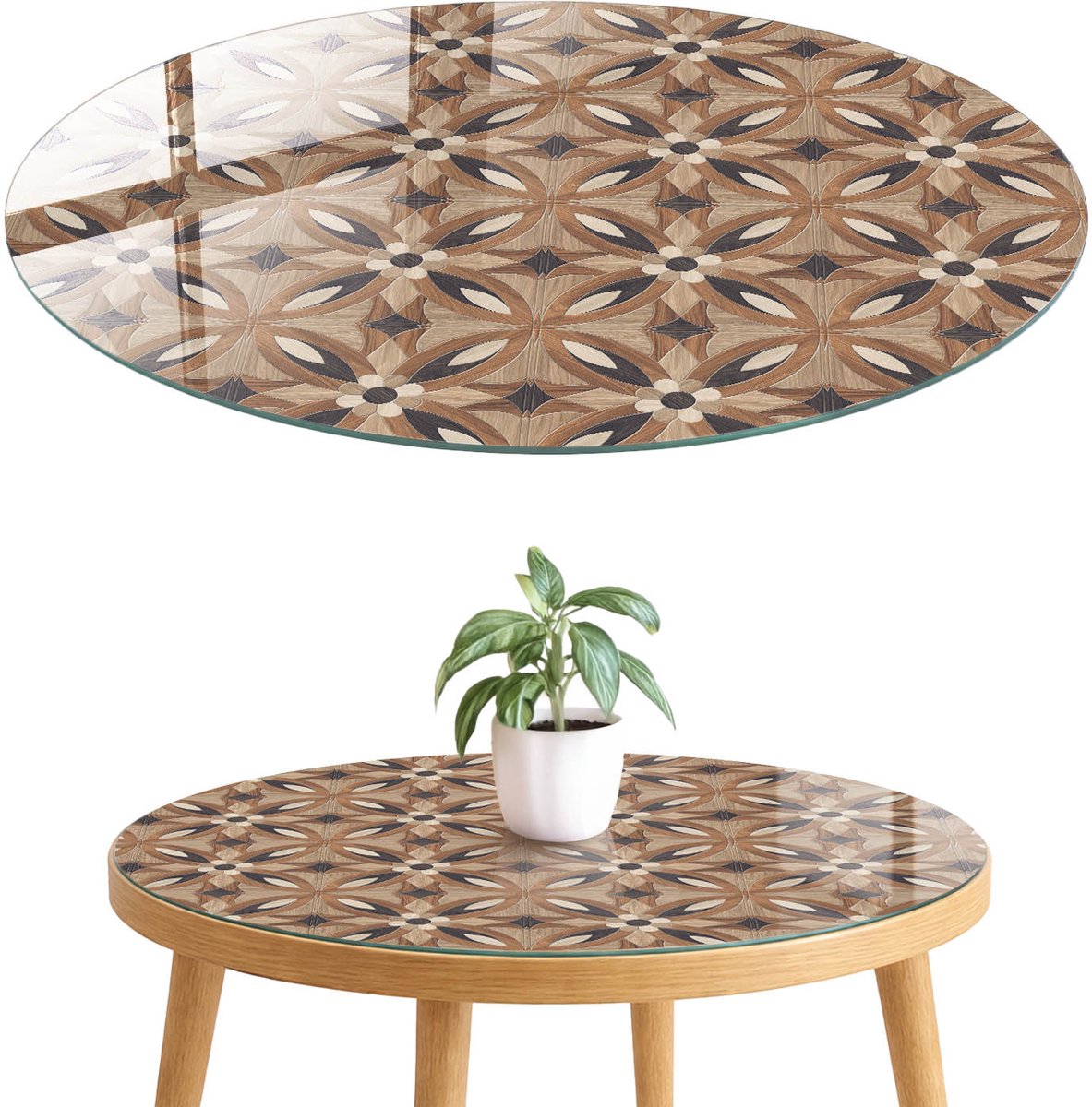 ArtPrintCave Geometrische mozaïek Glazen Tafelblad fi70 cm - Tafelblad Rond - Bruin Glazen Eettafel - Achtergronden en patronen Terrastafel