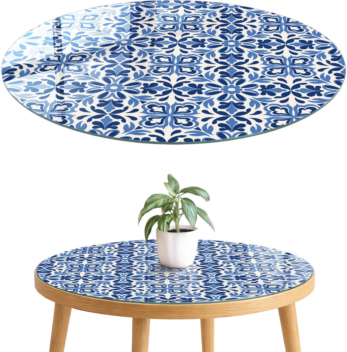 ArtPrintCave Bloemenmozaïek Glazen Tafelblad fi70 cm - Tafelblad Rond - Blauw Glazen Eettafel - Teksten Tafelblad Glas