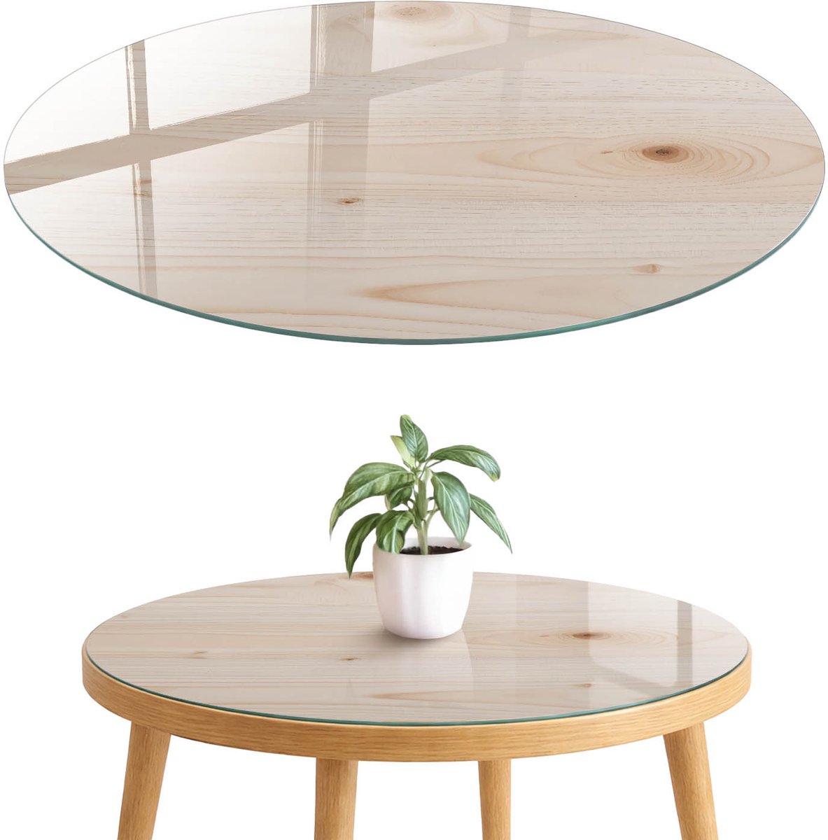 ArtPrintCave Houten constructie Glazen Tafelblad fi70 cm - Tafelblad Rond - Romig Eettafel Met Glasplaat - Texturen Terrastafel
