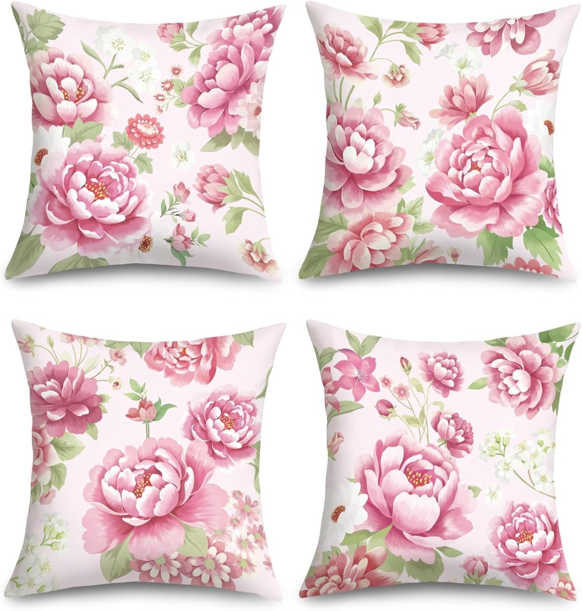Kussenslopen 45 x 45 cm in roze met pioenrozen, set van 4, perfect voor lente en zomer, ideaal voor bank en woondecoratie