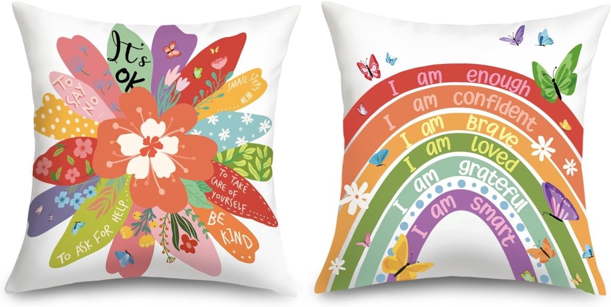 Kleurige Regenboog Kussenhoezen 45x45cm - 2 Stuks met Bloemen en Vlinders voor Kinderkamer en Woonkamer