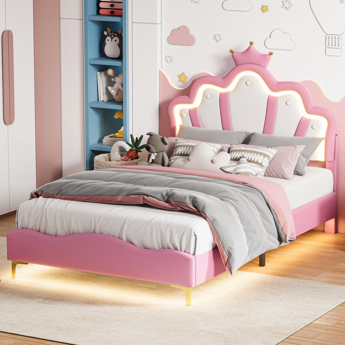 Kinderbed 140x190 cm, prinsessenbed met led verlichting aan hoofdbord en onderbed, verstelbaar kroon hoofdbord, zacht pu gestoffeerd bed roze, zonder matras