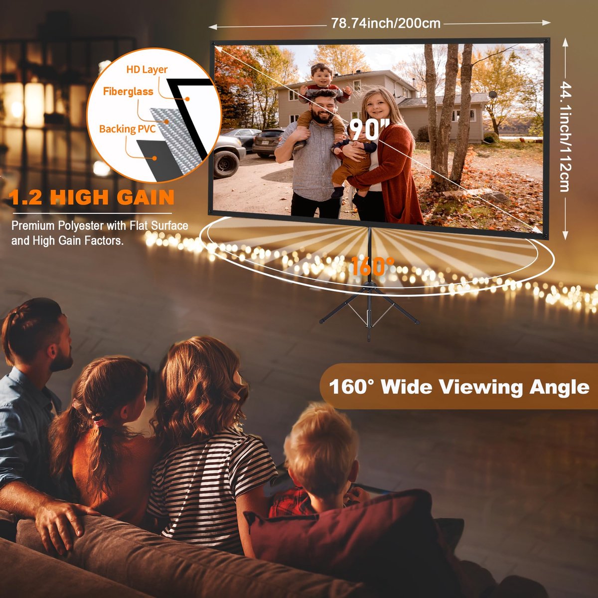 SnelShoppen - Draagbaar Projectiescherm 90 Inch 16:9 met Voet, Lichtgewicht en Compact met 1.2 Gain Glasvezel, Ideaal voor Thuisbioscoop, Feest, Campi